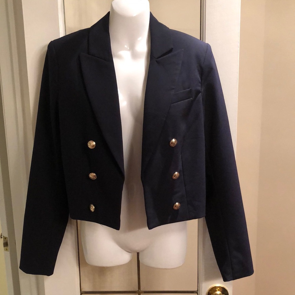 Christian Siriano Navy Cropped Double-Breasted Blazer